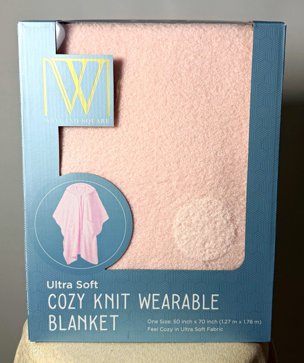 Wayland Square Ultra Soft Cozy Knit Wearable Blanket Hood Pockets Pink 50x70